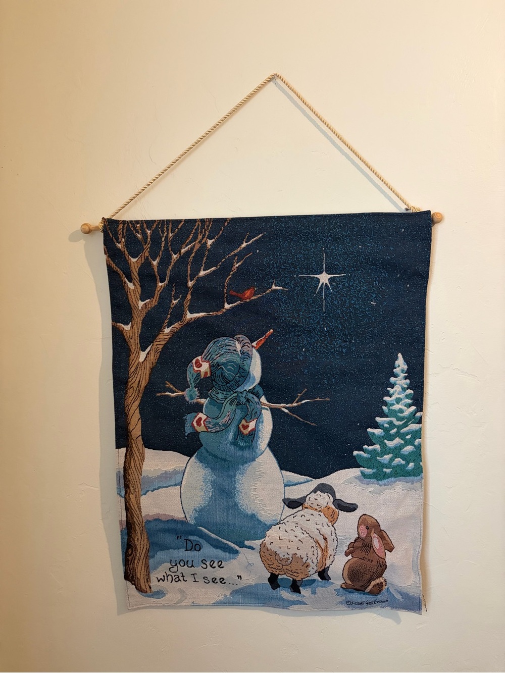 Winter Night Snowman Tapestry Wall Hanging - Dark Blue